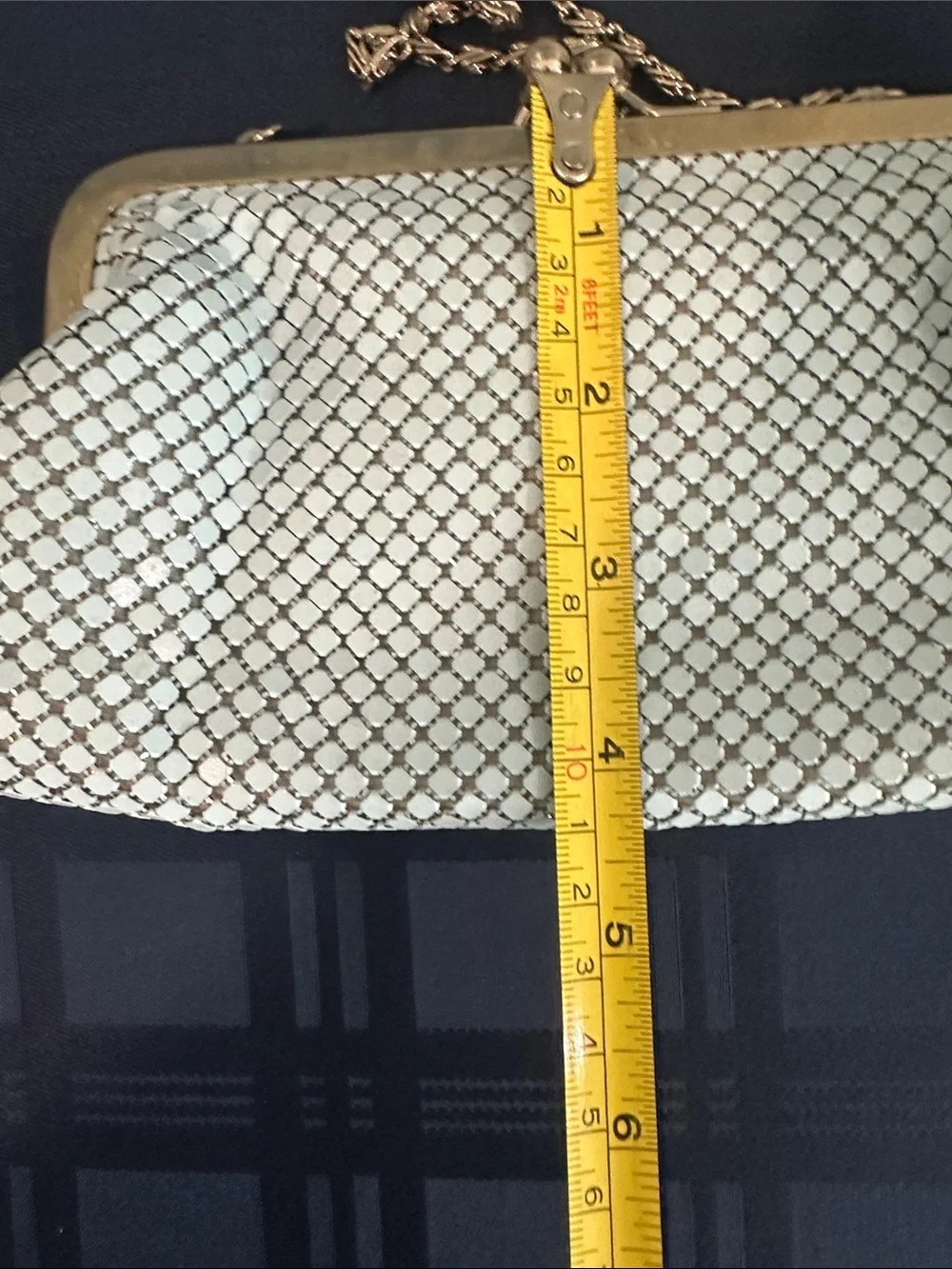 Vintage Silver-White Mesh Evening Clutch with Chain